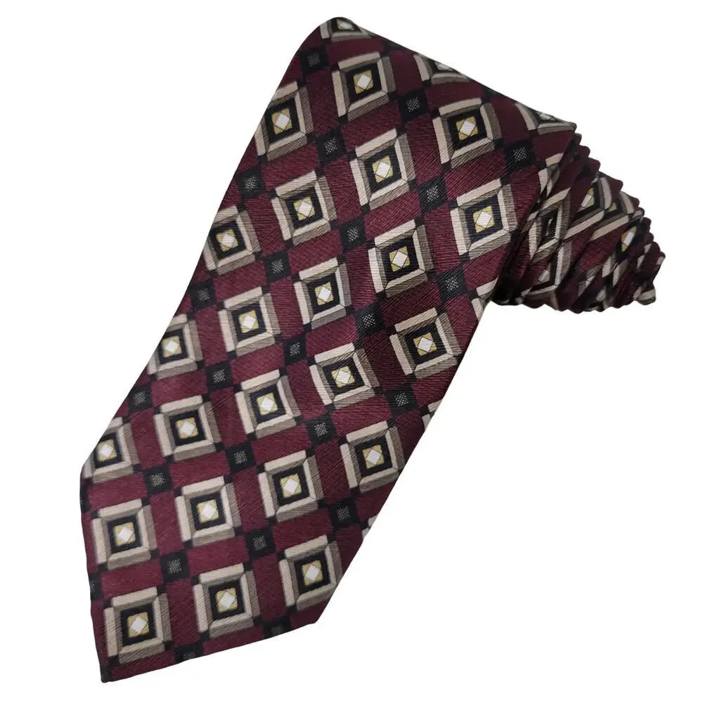 Vintage Y2K Croft Barrow Silk Necktie Men Diamond Foulard Windows Burgundy Long‎